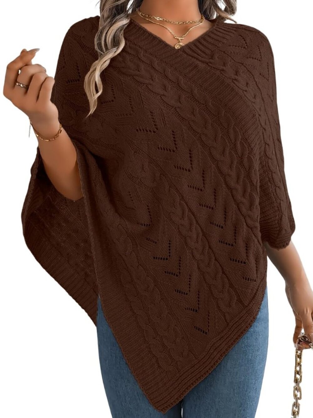 Women Knit Poncho Sweater, Irregular Hallow Out Cape Top Casual Fashion